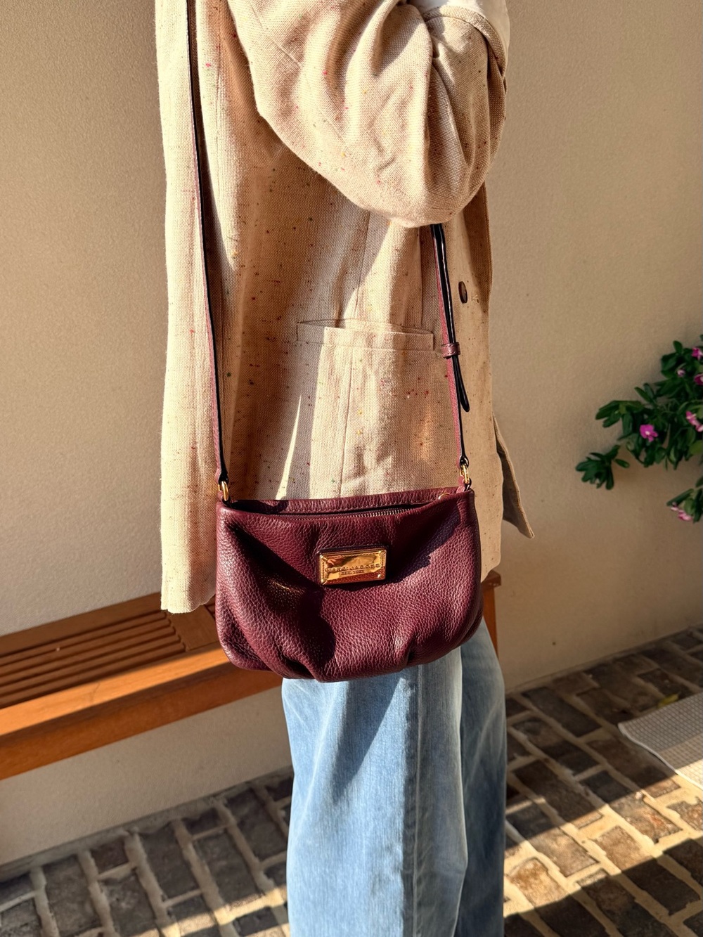 Marc Jacobs Wine Leather Crossbody with Gold Plaque